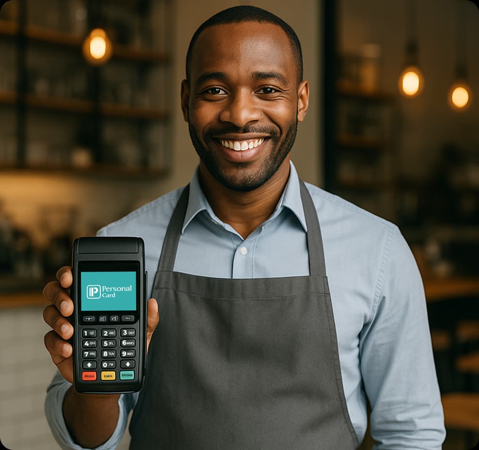Homem sorrindo segurando terminal de pagamento POS, representando credenciamento Personal Card