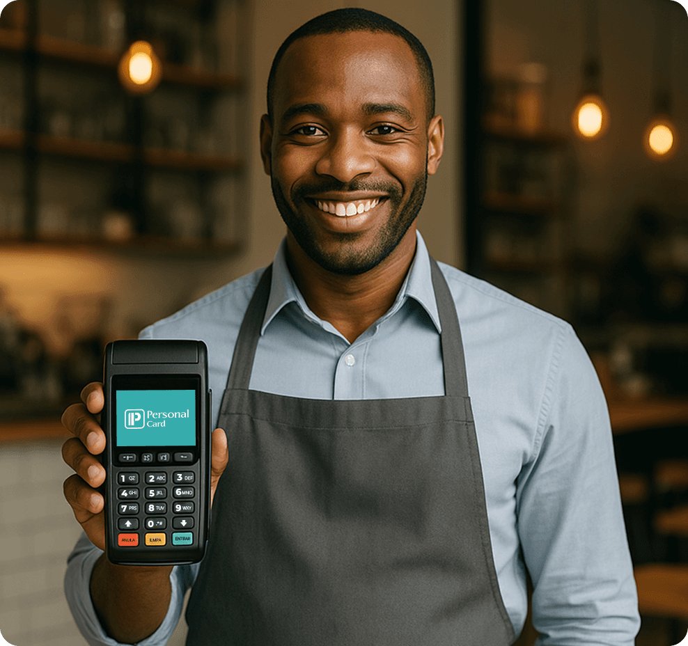 Homem sorrindo segurando terminal de pagamento POS, representando credenciamento Personal Card